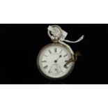 Silver open face pocket watch with key, round white dial signed Alfred Russell & Co., black Roman