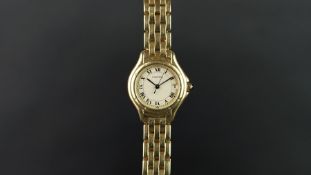 LADIES' CARTIER COUGAR 18K GOLD WRISTWATCH, circular off white dial with Roman numerals, a date