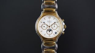 RARE GENTS ZENITH ACADEMY CHRONOGRAPH CALENDAR MOONPHASE STEEL AND GOLD WRISTWATCH, circular white