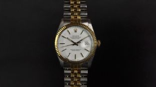 GENTLEMEN'S ROLEX BI-COLOUR OYSTER PERPETUAL DATE JUST, circular white dial with gold baton our