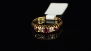 Victorian 18ct yellow gold ruby and diamond carved half hoop ring, mounted in 18ct yellow gold,