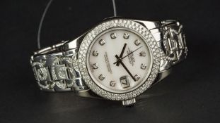 LADIES' 18ct AND DIAMOND ROLEX OYSTER PERPETUAL PEARL MASTER, mother of pearl diamond dot dial,
