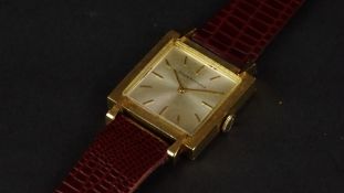 GENTLEMEN'S GIRARD PERREGAUX 18ct GOLD VINTAGE WRISTWATCH, square silver dial with gold hour markers