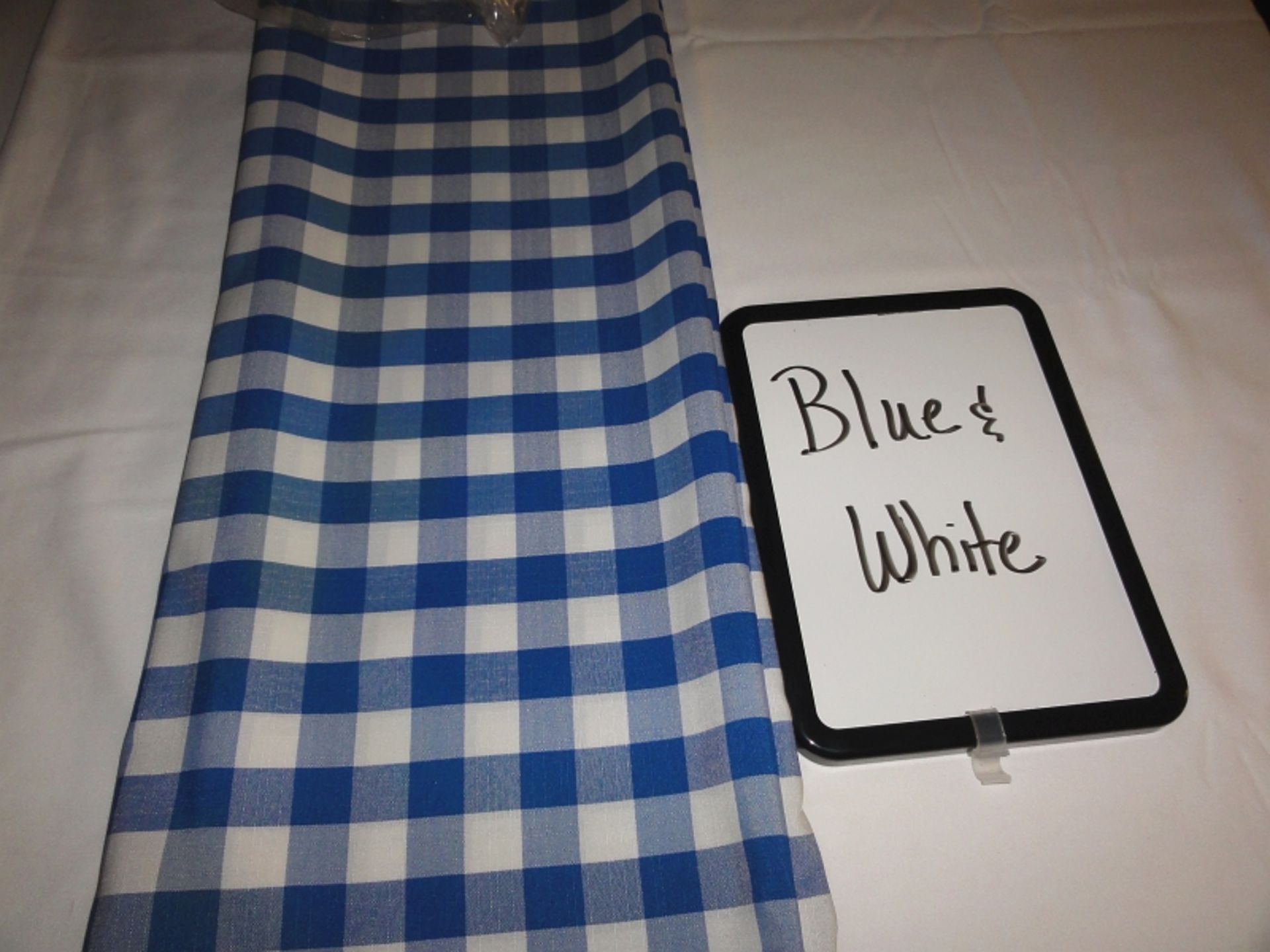 LINEN, POLY CHECK ROYAL BLUE & WHITE Various Sizes including: