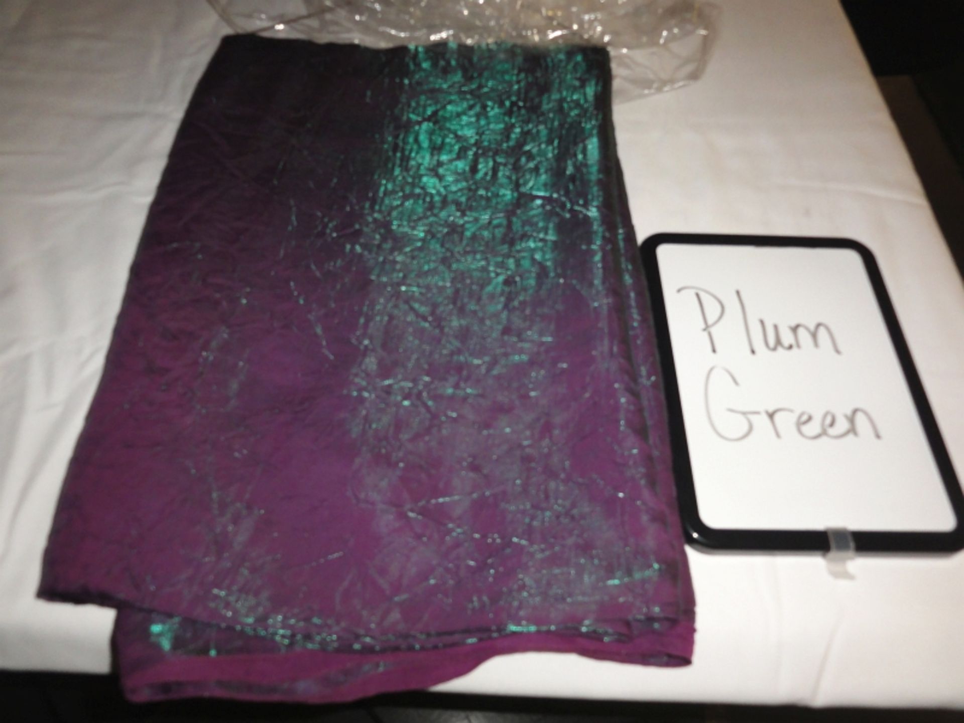 LINEN, IRIDESCENT CRUSH PLUM GREEN 7" X 105" SQUARE - Lot of 148