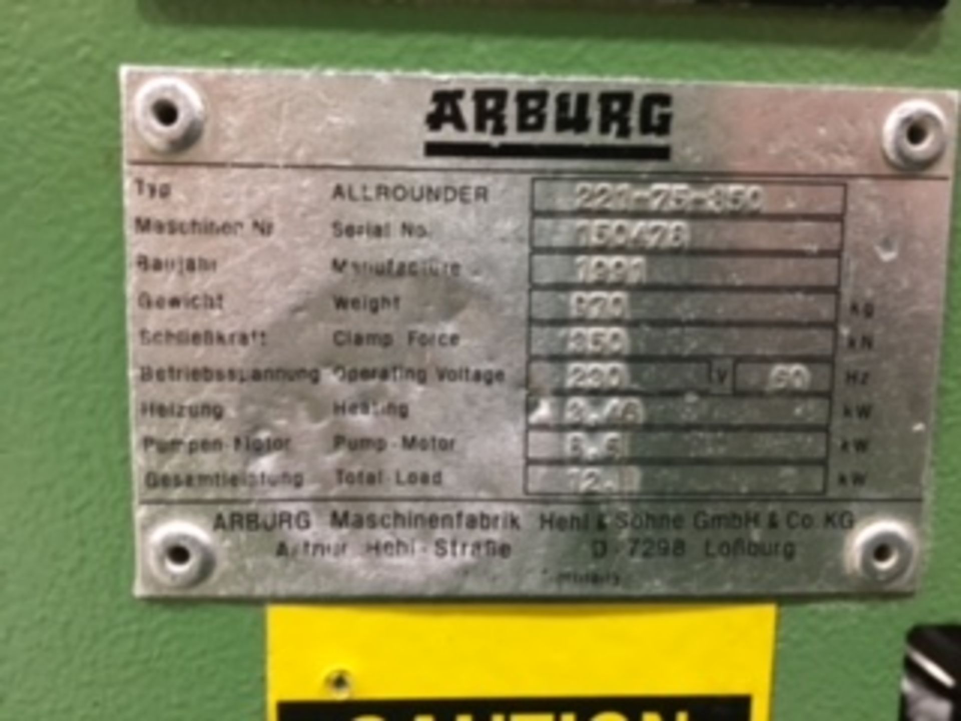 Arburg Type ALLROUNDER 221-75-850 Injection Molder, S/N: 150478 Mfg. 1991, Clamp Force 35 Tons, - Image 3 of 6