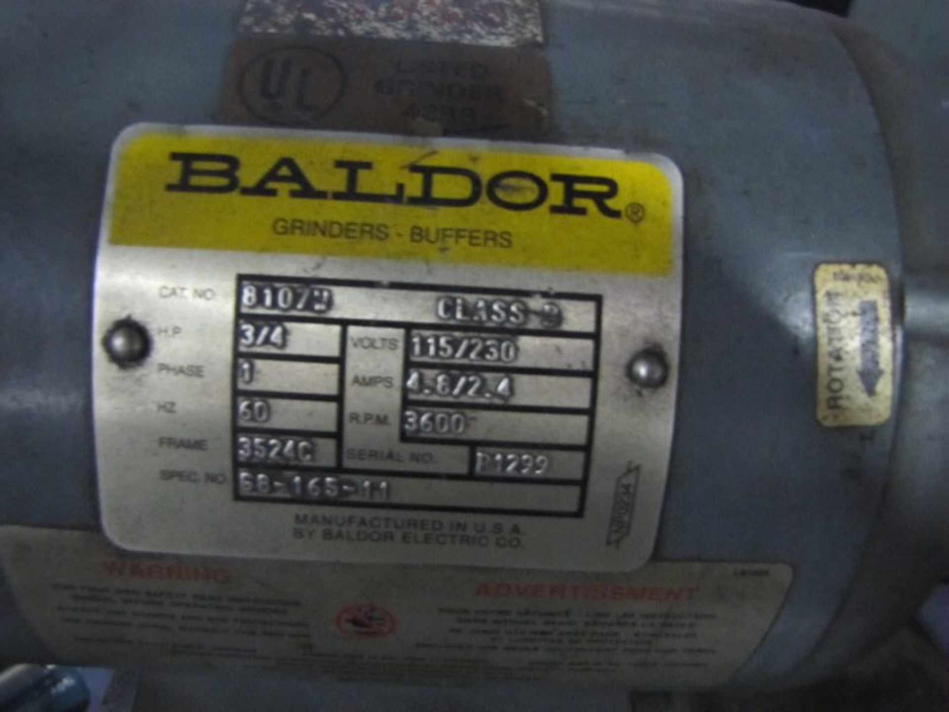 Baldor Double End Grinder, Cat No. 81072 Wheel Size, ¾ HP, 115/230 1 PH, Dimensions: 24” L-R X 20” - Image 2 of 2