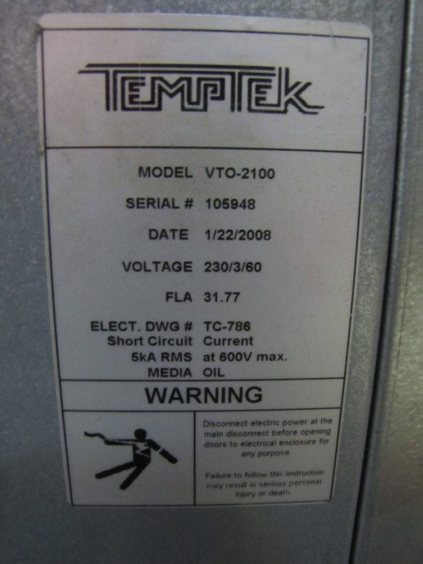 Temptek Model VTO-2100, S/N: 105948, Mfg. 1-22-08, Heater 12 KW, Process Pump: 1 HP, 30 GPM, 24 PSI, - Image 4 of 4