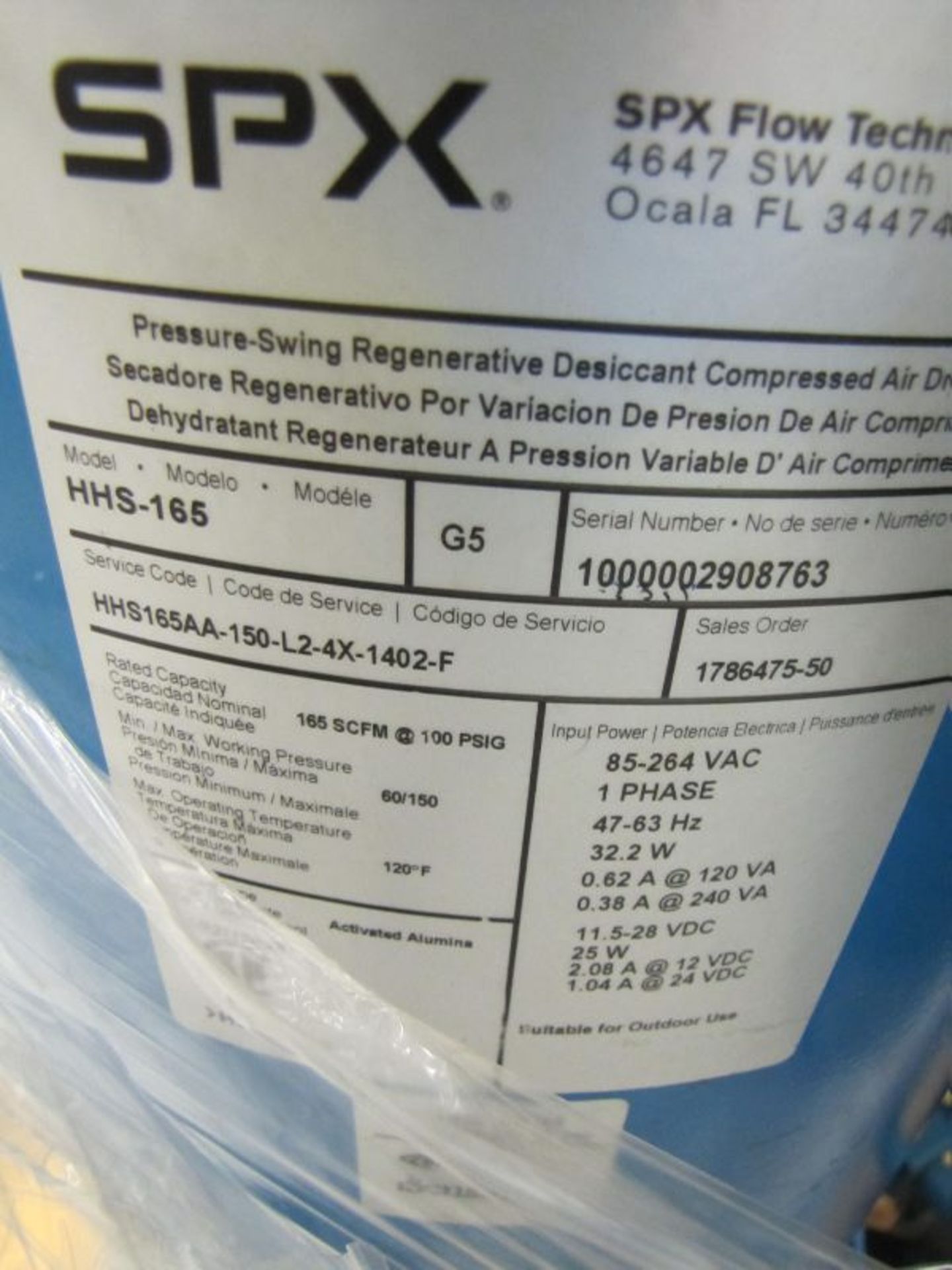 SPX Flow Technology Model HHS-165, Air Dryer, S/N: 1000002908763, Inlet Flow @100% PSIG (6.7 barg) - Image 3 of 6