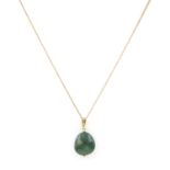 An emerald pendant necklace. The irregularly shaped emerald bead suspended from a tapered bale, 18kt