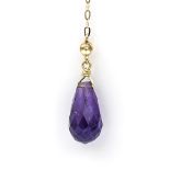 An amethyst and diamond set pendant necklace. The faceted, pear shaped amethyst drop suspended