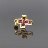 A ruby set cross pendant. The pendant designed as a Latin cross set throughout with carré cut