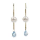 A pair of blue topaz and cultured pearl earrings. The curb link chain drops suspending a