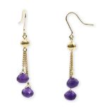 A pair of amethyst set drop earrings. The reeded spherical surmounts suspending two curb link