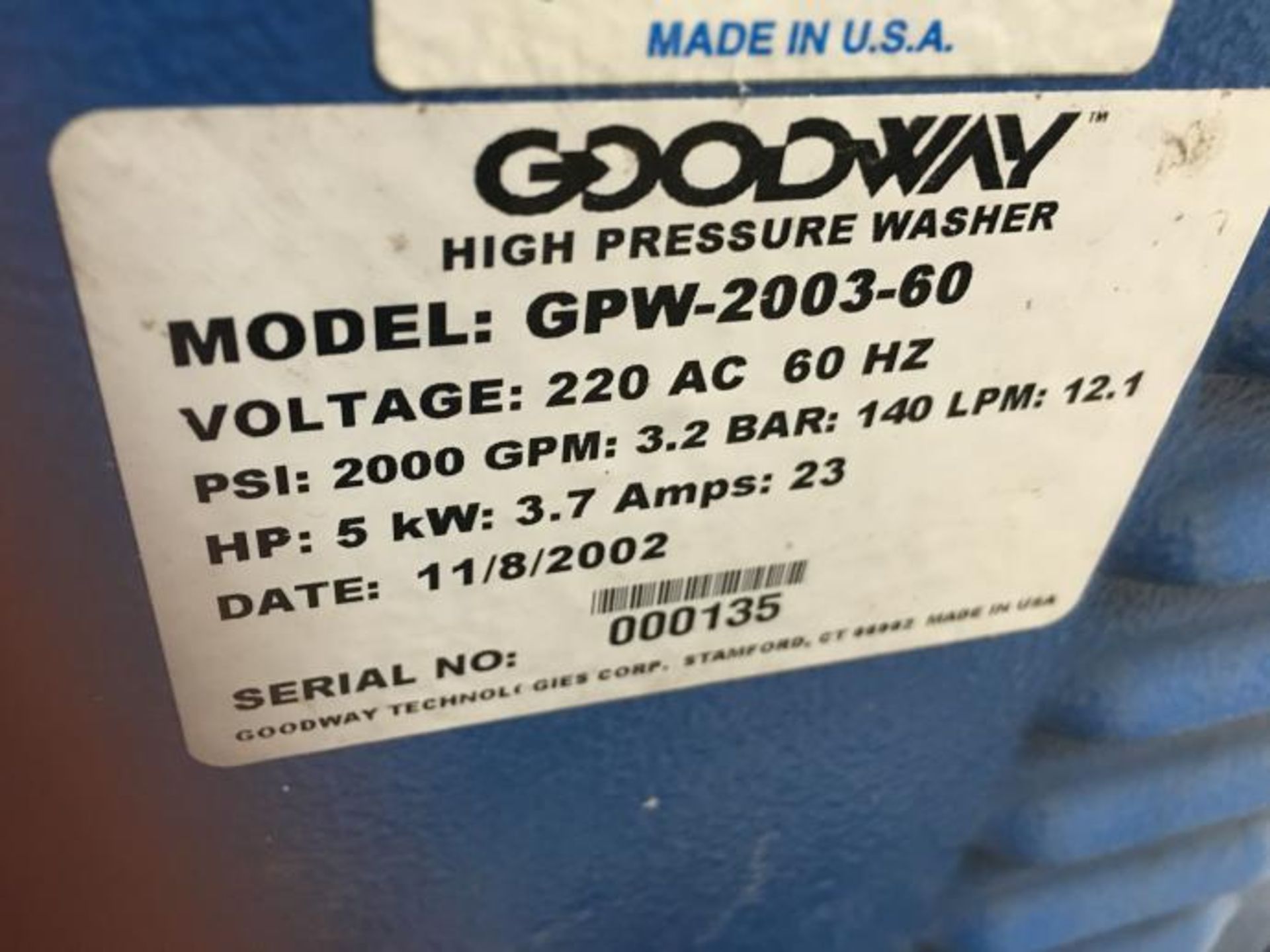 Laveuse a pression 5 hp 240 volt 3 phases condition inconnue - goodway washer pump 5 hp 240 volt 3 - Image 3 of 3