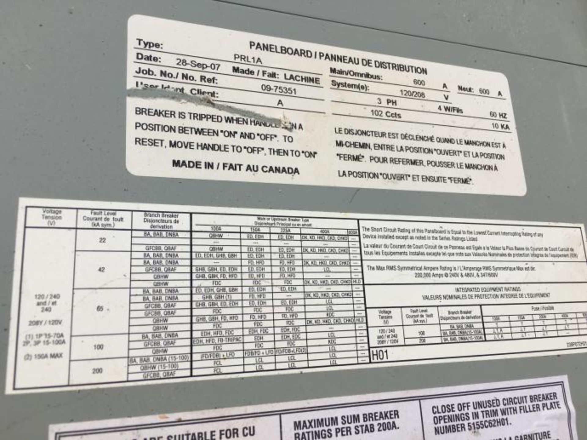 PANNEAU ELECTRIQUE 600/120/208/600 AMP DE MARQUE CUTLER HAMER - ELECTRICAL PANEL 600/120/208/600 AMP - Image 4 of 4