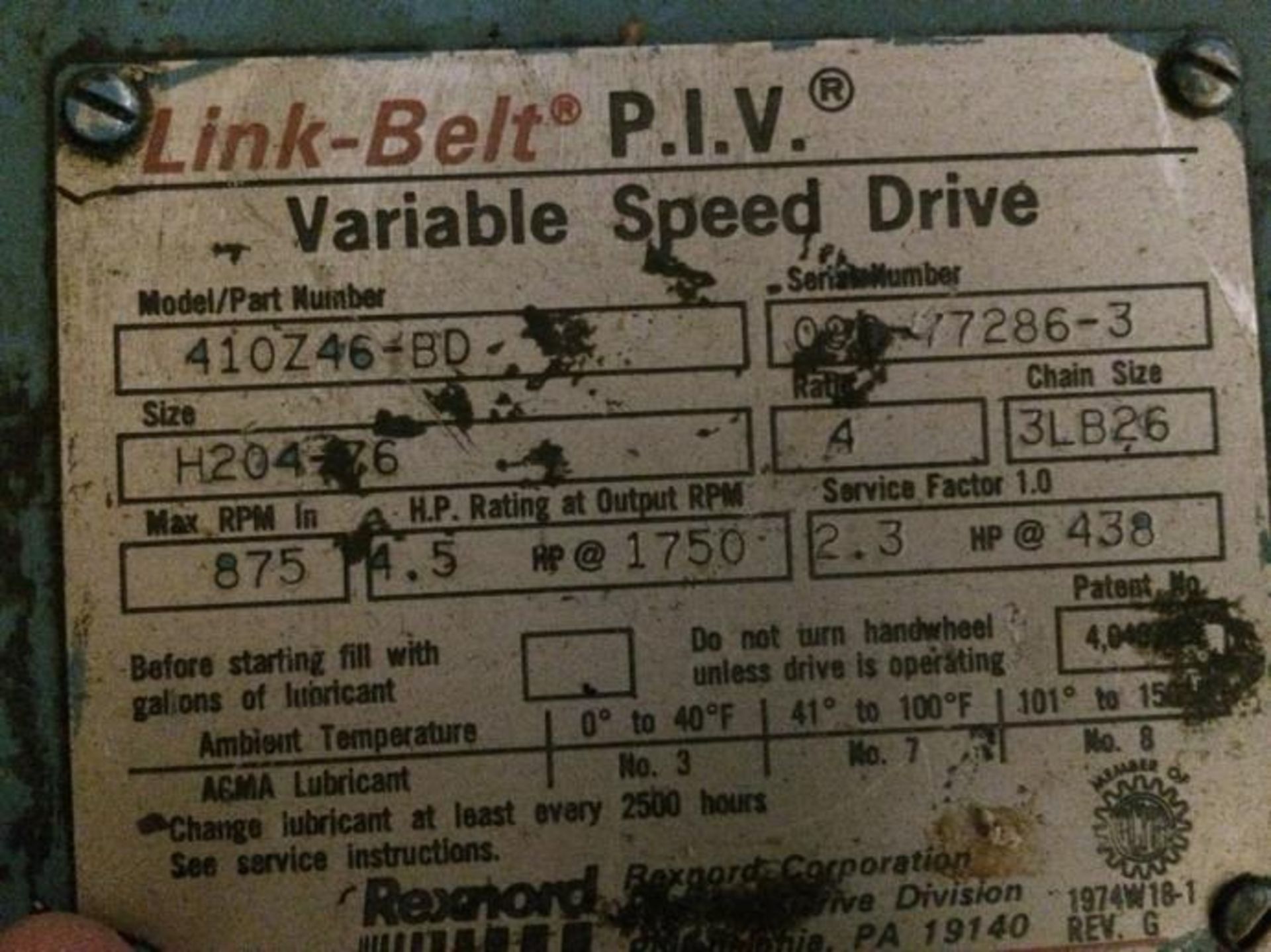 Variateur de vitesse link-belt - Link Belt P.I.V.200 Variable Speed Drive - Image 2 of 2