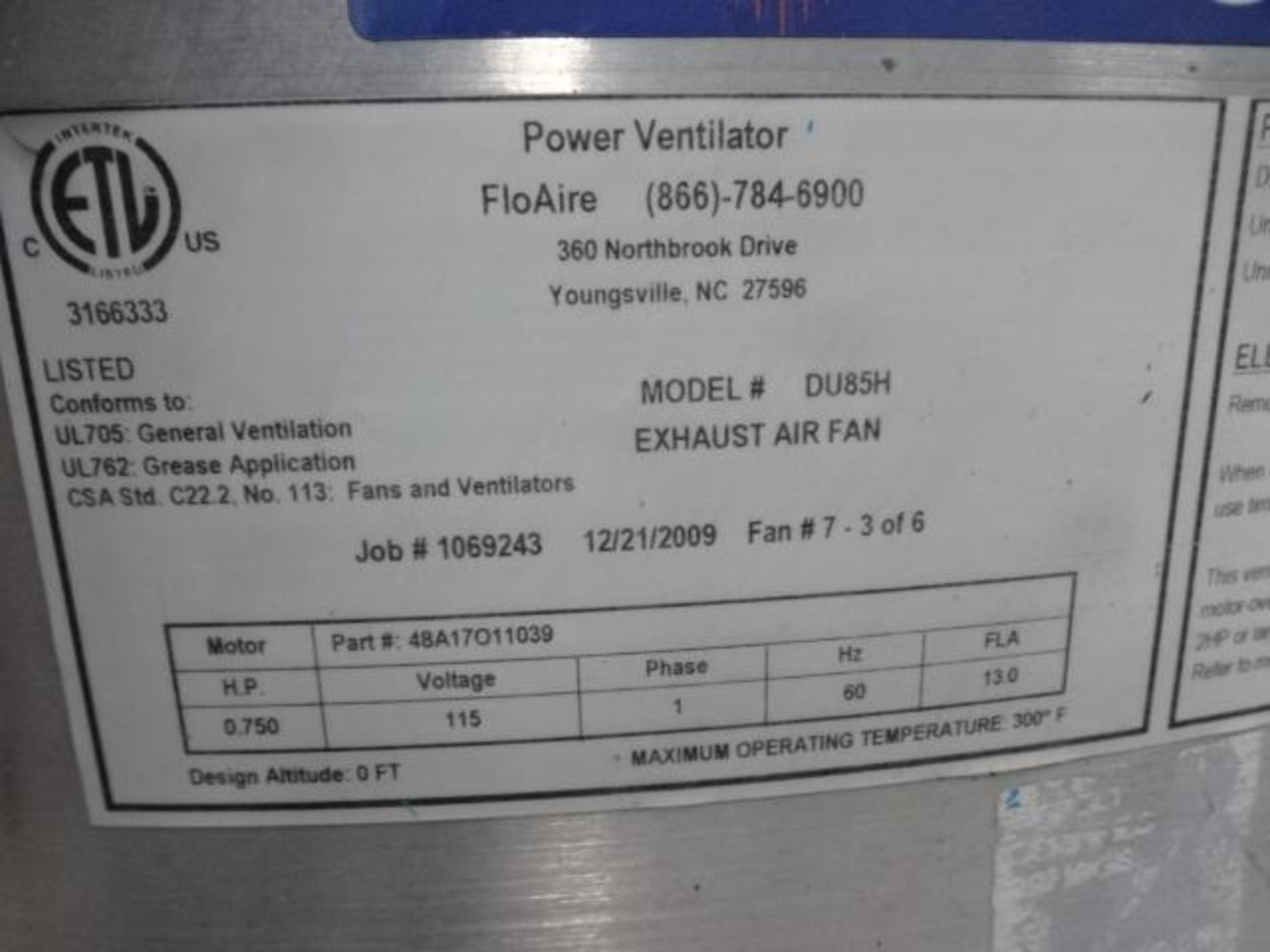 EXHAUST AIR FAN FLOWAIR 110 VOLT - Image 2 of 4