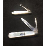 2 Antique Silver & mother of pearl combination Knife and Button Hook