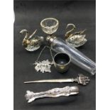 Collection of Silver & White metal Items includes 2 swan Salts ,Flask ,Port Label