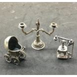 3 Dutch Dolls House Miniature Silver items Candleabra ,Pram , Telephone dutch silver Sword hallmarks