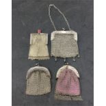 Collection of 4 Antique White Metal Mesh Purses one is Chinese with hallmarks on interior Total wei