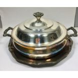 Large Antique Silver Plated Lidded Bowl with Platter in good uncleaned condition