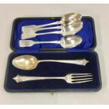 Boxed Silver Christening fork and spoon with 4 Georgian silver Tea Spoons total silver weight 107g