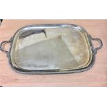 Large 2 handled silver tray with gadroon mounts overall oblong cushion shape no ingraving