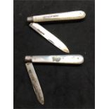 2 Antique Silver & Mother of Pearl Handle Fruit Knifes both in good condition un-cleaned