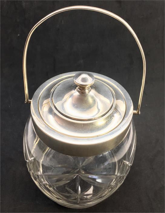 Antique Silver Biscuit Barrel Cut Glass and hallmarked silver rim lid and Handle in good condition - Image 2 of 4