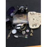 box of misc items includes silver fob silver jewellery costume etc