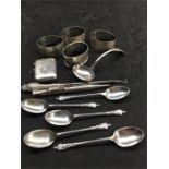 Collection of Silver items includes Vesta case Button hook , Serviette Rings etc