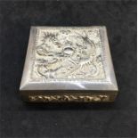 Ornate Chinese Silver Box embossed Dragons on lid floral decoration around sides