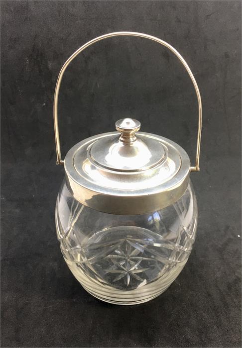 Antique Silver Biscuit Barrel Cut Glass and hallmarked silver rim lid and Handle in good condition