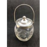 Antique Silver Biscuit Barrel Cut Glass and hallmarked silver rim lid and Handle in good condition