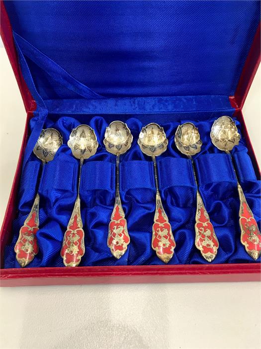 boxed set of 6 Continental Silver and Enamel Tea Spoons hallmarked 800 dl