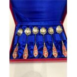 boxed set of 6 Continental Silver and Enamel Tea Spoons hallmarked 800 dl