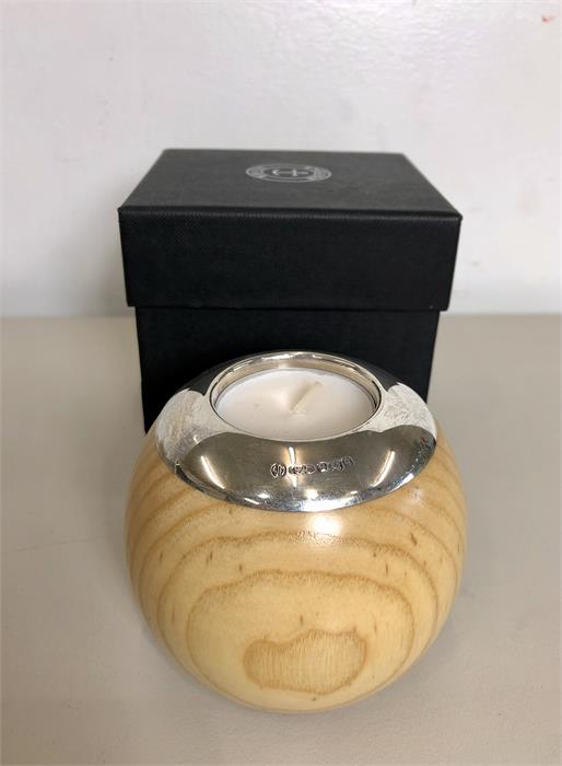 Boxed Modern Applewood Tea Light Holder with silver Collar birmingham silver hallmarks