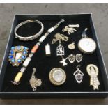 Collection of silver Jewellery includes Chinese Hardstone bracelet charms, fob watch bracelet etc