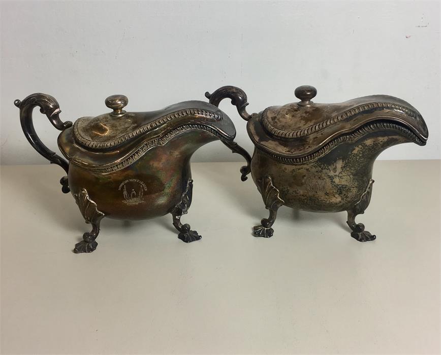 Rare Important pair Large Lidded George 11 1765 London Silver Sauce Boats