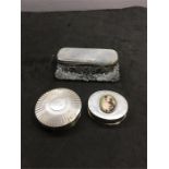 2 Small Silver boxes and silver top trinket box 1 stone set with dog not hallmarked but acid tested