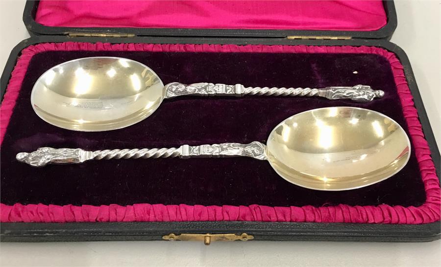 Pair of Boxed Silver Apostle Spoons london silver hallmarks each measure approx 18cm long total wei - Image 2 of 3