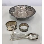 Selection of Silver item includes Silver 4 golf spoons 2 napkin rings and silver bowl hallmarked 925