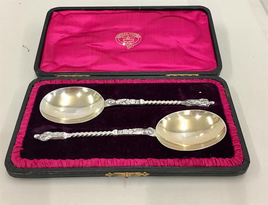 Pair of Boxed Silver Apostle Spoons london silver hallmarks each measure approx 18cm long total wei