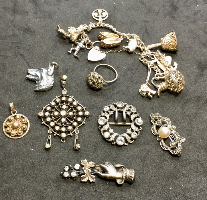 Selection of Antique /Vintage Silver Jewellery Iincludes silver charm bracelet paste set pendant etc - Image 2 of 4