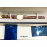 Gents 18ct gold Longines Wrist Watch boxed with bookwork and card full 18ct gold hallmarks