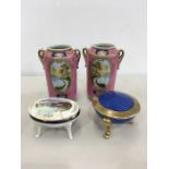 Pair of Noritake vases and 2 lidded trinket boxes all in good condition vases measure approx 6ins ta