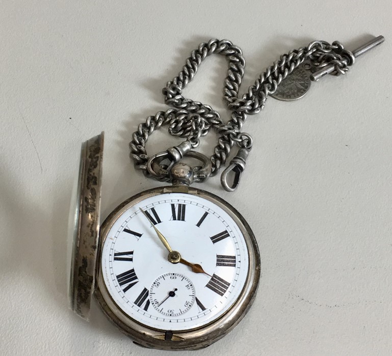 Antique silver open face pocket watch and silver double Albert watch chain - Image 2 of 3