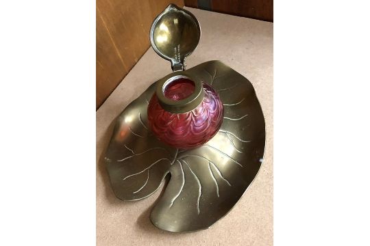 Art Nouveau styled brass and pink glass inkwell